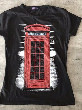 UK London Graphic Top Telephone Booth Bling Black McBling Pop Art Medium Shirt
